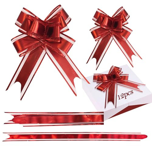 12 Piezas Lazo de Regalo con Cinta de Regalo Lazos de Regalo Grandes y Medianos Brillantes Lazo de Regalo Cinta de Tirar para Regalos Conos de Azúcar Decoración de Navidad (Rojo)