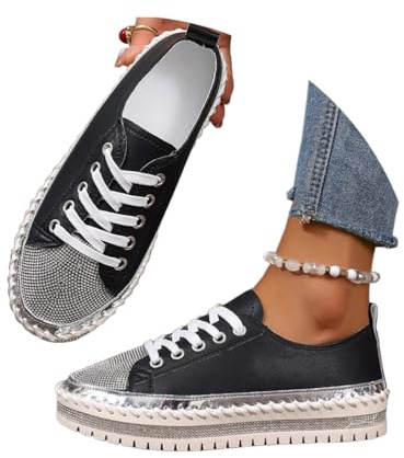 Minetom Damen Glitzer Turnschuhe Strass Sneaker Metallische Pailletten Tennisschuhe Pailletten Flache Low Schnürsenkel Walkingschuhe A Schwarz 40 EU