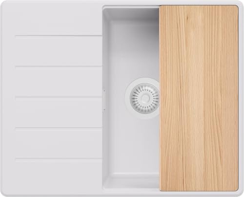 PRIMAGRAN Evier d'angle en Granit au Meuble 45cm + Kit de Vidage, 62x50cm | Set: Kit de Vidage + Planche à Découper + Lavabo Cuisine 1 Bac - Copenhague, Tout Blanc