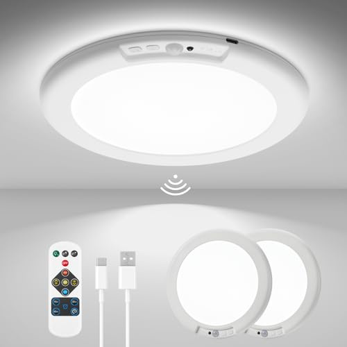 wowatt 2Pcs Battery Operated Ceiling Lights Rechargeable Motion Sensor Light Indoor Wireless Shower Light with Remote 3000K 4500K 6500K 7.48in Dimmable Timing Motion Activated Lamp for Closet Shower