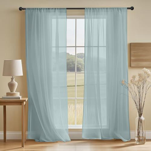 NAKIHOUSE Voile Curtain, 2 Panels Net Curtains for Windows 96 Drop, Elegant Slot Top Sheer Curtains, Light Filtering Blue Grey Voile Curtains for Living Room, Breathable & Graceful Window Drapes