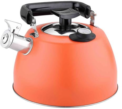 Bouilloire sifflante en acier inoxydable avec thermomètre, théière vintage avec sifflet et poignée pliable ergonomique (orange)