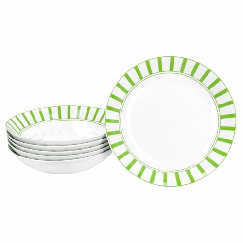 MamboCat Split Green Lot de 6 assiettes creuses I 450 ml I Vaisselle en porcelaine blanche avec rayures pour 6 personnes I Assiettes creuses pour salade, soupe, céréales, pâtes, etc.