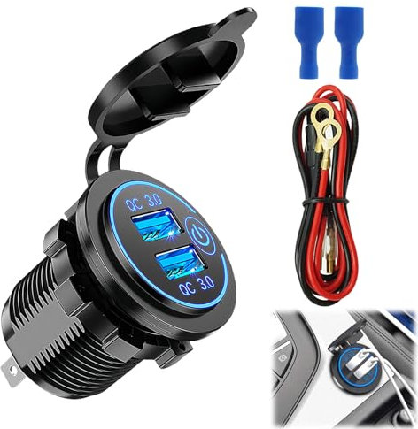 Dual QC3.0 36W Prise Allume Cigare USB, Allume Cigare Charge Rapide Adaptateur USB, Chargeur Filaire Multi Port, Téléphone Chargeur with Lumières LED pour Voitures, Motos 12V/24V Motorcycles