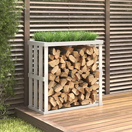 Xichuzi Outdoor-Kaminholzregal, Holzunterstand, Holzstapelhilfe, Aufbewahrung Holz, Holzregal, Brennholzregal Außen, Kaminholz Aufbewahrung, Weiß 108x52x106 cm Massivholz Kiefer