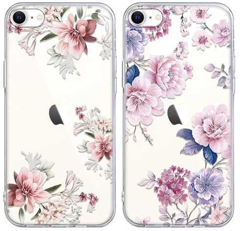 Yoedge Mobilskal för iPhone 16e/SE 4/SE 2025 på 6,1 tum, 2 st. mobiltelefonfodral, transparent, blommönster, för flickor, estetiskt, tunt, smalt, stötsäkert skyddsfodral av silikon