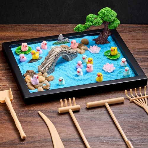 Soulchen Zen Garden Kit for Tbale Decor Christmas Sand Zen Garden Gifts Mini Sandbox Set with Black Wooden Tray, Sand, Tools & Accessories Japanese Gifts for Meditation Room Office Home(Duck)