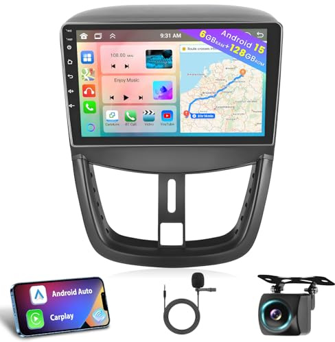 Hikity 8 core 6+128G Android 15 Autoradio für Peugeot 207 2006-2015 Radio Wireless CarPlay Android Auto Three Split Screen BT Bildschrim 9 Zoll Navi GPS WiFi DSP FM RDS SWC