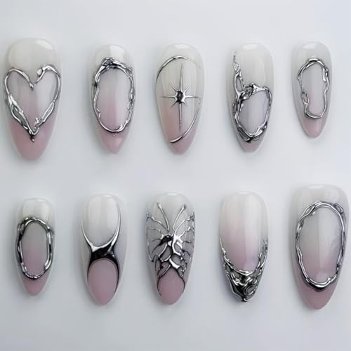 MouyouGlow Press on Nails Kurz,Almond Weiß Gradient Rosa 3D Silver Striped French Chrome Herz Sterne Design Y2K Fake Nails mit Nagelkleber,White Ombre Pink Silver Wavy Künstliche Fingernägel