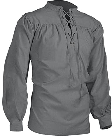 Herr vintage Henley-skjorta – medeltida stil långärmad bomullstopp, etnisk retro kostym skjorta, ledig tröja med huva för män, lös passform lätt tunika blus för höst och vinter, Grå, 3XL