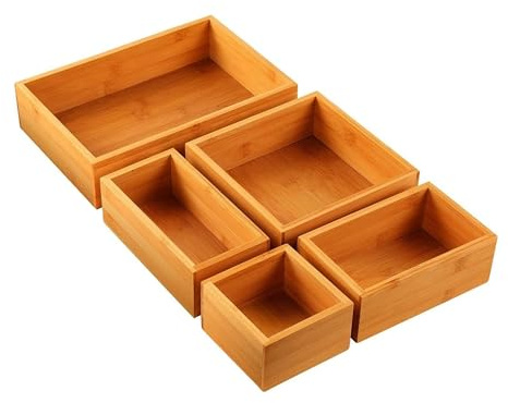 SPN Bamboo Drawer Organiser Dividers – 5 Piece Adjustable Set for Kitchen, Bedroom & Office