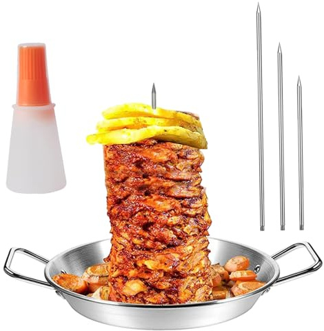 Assiette à kebab et brochette, poêle à kebab verticale de 10 pouces avec 3 tailles de pointes amovibles et brosse huile en acier inoxydable pour poulet entier, poisson, saucisse, steak