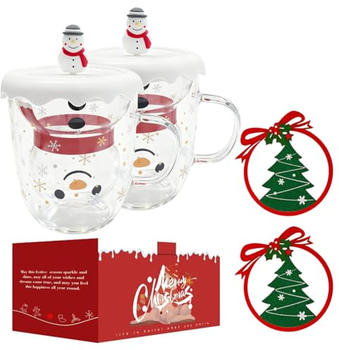 ASTRIgneous Set di 2 tazze natalizie a doppia parete, con pupazzo di neve, grandi, 300 ml, con coperchio e manico, bicchieri di Natale con sottovaso, per cappuccino, latte macchiato