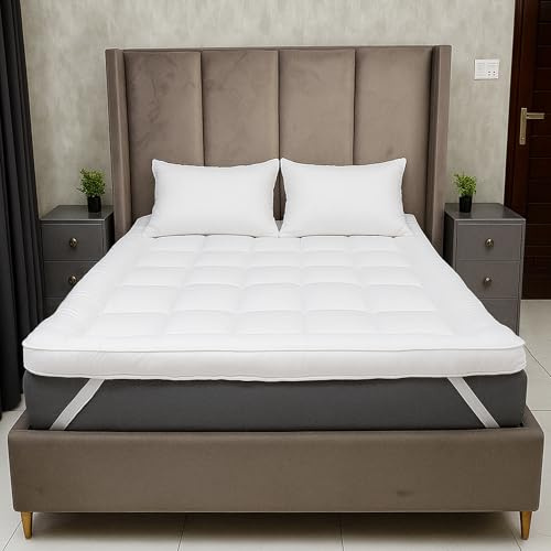 CASABLOOM 5cm Thick Mattress Topper, Hotel Quality Box-Stitched Microfiber Filling Mattress Topper Double Bed - Machine Washable with Snug-Fit Straps (Double, 137x190cm)