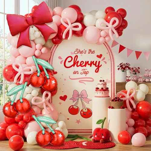 Juego de 151 guirnaldas de globos de cerezo con globos largos de color rojo claro, rosa, blanco y rosa para cumpleaños, decoración de fiesta de boda