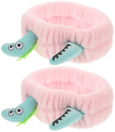 Beavorty Lot de 2 Bandeaux de Bain en Polaire Douce à Motif Dinosaure Bandeaux Élastiques Souples Verts et Roses Accessoires Coiffure pour Filles du Visage pour Soins et Maquillage