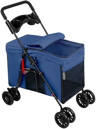 Homewell Hundvagn vikbar, husdjurbuggy med mugghållare, nätfönster, vikbar, joggingbuggy för husdjur, kattvagn för små hundar, katter, upp till 20 kg (blå)