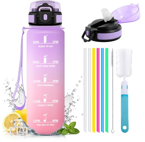 JAPORIA Borraccia Sportiva 1L, Borraccia con Cannuccia, a Prova di Perdite, Bottiglia con Cannuccia, Bottiglia Acqua con Indicatore del Tempo, per Scuola, Ufficio, Gym