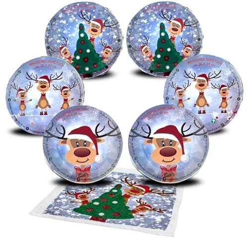 Bada Bing 6er Set Magisches Handtuch Rentier Rudolph - Zaubertuch aus Baumwolle in ca. 30x30 cm - Waschlappen mit Lasche zum Aufhänge - Geschenk für Weihnachten Adventskalender Nikolaus