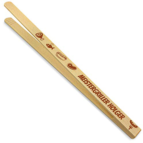 printplanet® - Holz Grillzange mit Meistergriller Holger - graviert - Gravierte Holzgrillzange mit Namen - 40 cm Länge