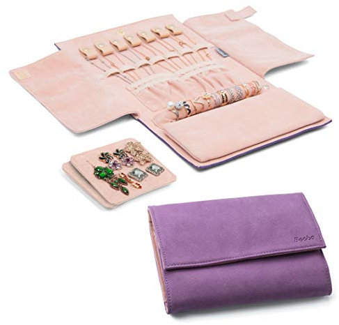 Becko Jewellery Organizer Roll Travel Jewel Bag case for Multiple Necklaces, Rings, Bracelets, Supple Leather & Suede, Large Capacity Without Crease, Lightweight, Portable & Practical (DPurple)
