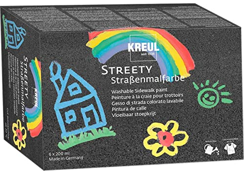 KREUL 43110 - Streety Straßenmalfarbe Set, 6 Farben mit je 200 ml, abwaschbare Flüssigkreide zum Malen mit Pinsel oder Roller, flüssige Straßenmalkreide, vegan, dermatologisch getestet, auswaschbar