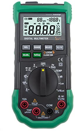 C-LOGIC 5300 Multimètre numérique professionnel Mesure de l'Humidité% Luminosité (Lux) et niveau Sonore (Db) 4000 comptes Tension DC/AC 600V Courant AC/DC 10A Autorange CAT III