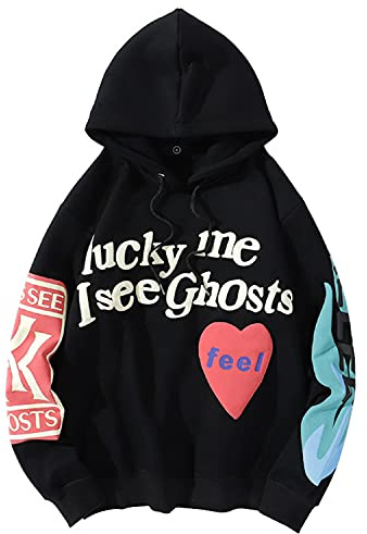 IFIKK Felpa con Cappuccio Uomo Sweatshirts Felpa da Uomo Hoodie Maniche Lunghe Felpa con Cappuccio Lucky Me I See Ghosts Pullover Hip Hop Abbigliamento Felpe Tops (Stampa Frontale Nero, S)