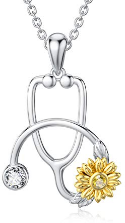 enjoylifecreative Stethoskop Sonnenblume Halskette S925 Sterling Silber Geburtsstein Stethoskop Anhänger Kette Weihnachten Abschluss Schmuck Geschenk für Damen Krankenschwester Arzt Medizinstudent