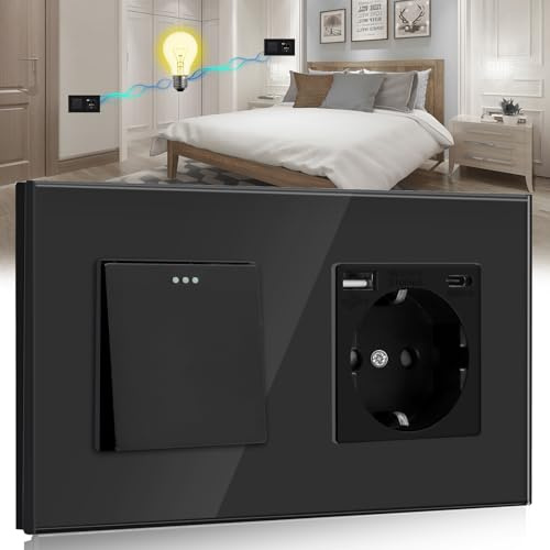 BSEED Lichtschalter Steckdose 1 Fach 2 Wege,Wandschalter 16A Schuko USB Anschluss (Max. 2.1A) Typ C Port Schwarz,Physische Unterputz Wechselschalter Steckdose-157mm,1Fach 2Wege USB/Typ C Steckdose