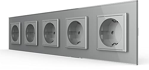 Luxus-Time Steckdose Mehrfachsteckdose 5-fach Stecker Wandsteckdose für UP inkl. Glasrahmen aus Sicherheitsglas in Grau