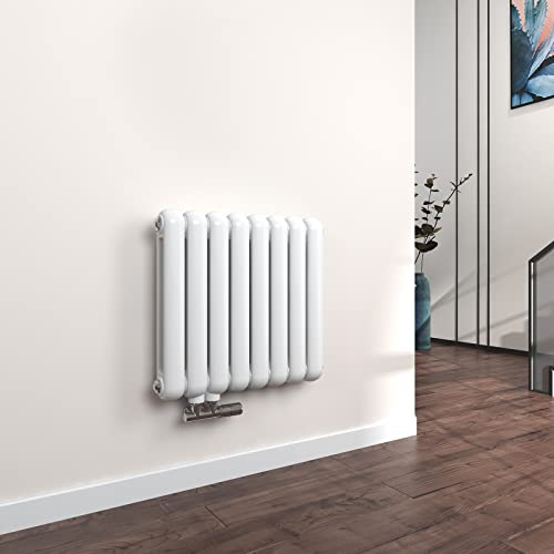 EMKE Oval Heizkörper Horizontal 550x580mm, Design Röhrenheizkörper Doppellagig Moderne Heizkörper Paneelheizkörper mit Seitenanschluss Weiß 733W