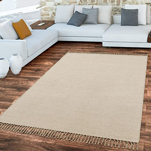 TT Home Tapis Chambre À Coucher Tissage Plat avec Franges Design Uni Tissé Main, Couleur: Beige Crème, Dimension:80x150 cm