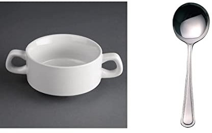 Olympia Hotelware Stacking Soup Bowls in White Porcelain 10oz / 290ml - x 12 & Bead Soup Spoon 172mm 18/0 Stainless Steel Dining Serving Cutlery 12pc