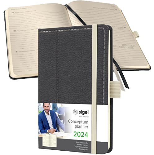 SIGEL C2458 Terminplaner Wochenkalender 2024, Lederoptik, ca. A6, dunkelgrau/weiß, Hardcover, 176 Seiten, Gummiband, Stiftschlaufe, Archivtasche, PEFC-zertifiziert, Conceptum