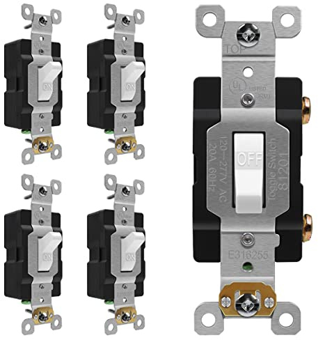 ENERLITES Toggle Light Switch, Light Switch, Single Pole, 20A 120/277V, Grounding Screw, Commercial Grade, UL Listed, 81201A-W-5PCS, White, 5 Pack