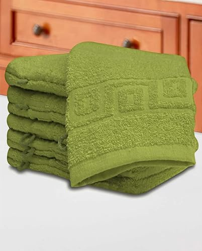 Quick Cleaning Supplies QCS Towels - 10 Piece Wash Mitt Set - 100% Cotton Premium Quality Towelling Washing Mitts Absorbent Flannel Face Towel Body Scrub Size: 16 x 23 cm (Green)