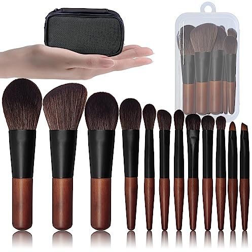 Pinselset Makeup, Mini-Pinsel-Set perfekt für Reisen, 12 Kosmetikpinsel Inkl. Schminkpinsel Aufbewahrung, Reise Make up pinsel set,Vegan,Holzgriff mit weichen Borsten