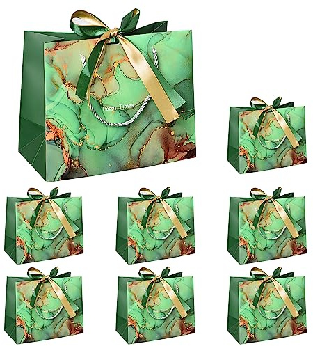 PACK4YA Papier-Geschenktüten mit Schleifenband, Geschenktüte mit Henkel für Geburtstag, Hochzeit, Weihnachtsfeier, Einkaufen, Babyparty 25x12x20 cm (Grüner Marmor, 8 Stück)