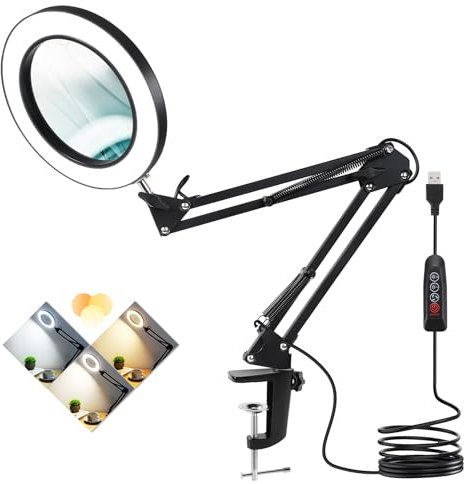 Veemagni 10X Magnifying Glass with Light and Stand, 3 Color Modes Stepless Dimmable Real Glass Lens, Adjustable Swing Arm LED Lighted Magnifier Desk Lamp with Clamp for Painting, Crafts, Sewing