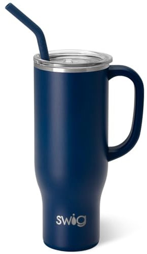 Swig Life Mega-Becher, 850 ml, Becher mit Griff und Strohhalm, Becherhalterfreundlich, spülmaschinenfest, extra großer isolierter Becher, Edelstahl-Wasserflasche (Marineblau)