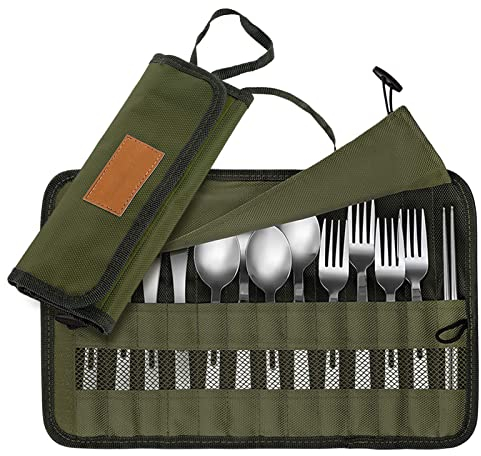 Bvizyelck Bestecktasche für Camping & Outdoor: 13-Teiliges Besteck-Set aus Polyester, Aufbewahrungstasche mit Rollen, Camping Essgeschirr Organizer für Löffel, Gabel, Essstäbchen