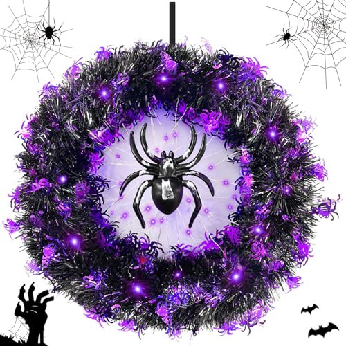 RDDAIPE Corona de Halloween Con Luces LED para Puerta - Guirnalda de Decoraciones de Araña, 35cm - Para Casa, Fiesta, Jardín, Ventana
