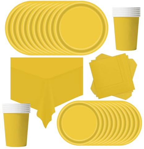 POPOYU 69Pcs Yellow Party Paper Tableware Set,Yellow Party Paper Plates Tablecloth PaperCups and Napkins Tableware Set for Kids Birthday Easter PartySupplies Table Decorations(16 Guests)
