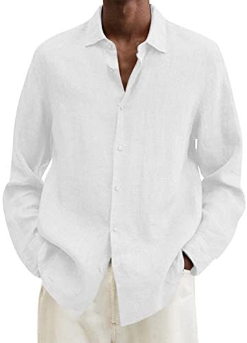 UHouse Leinenhemd Herren Langarm Musselin Hemd Baumwolle Leinen Freizeithemd Mode Oversize Herrenhemd Freizeit Leichte Sommerhemd Hawaii Strandhemd Lässig Fischerhemd Weiß L