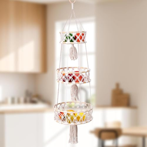 BORDEAG 3 Stöckiger Obstkorb Hängend, Makramee Geflochten Hängekorb, Hängender Obstkorb, Obst Hängekorb, Hängende Obstkörbe Für Küche, Wohnzimmer, Balkon (110 cm)