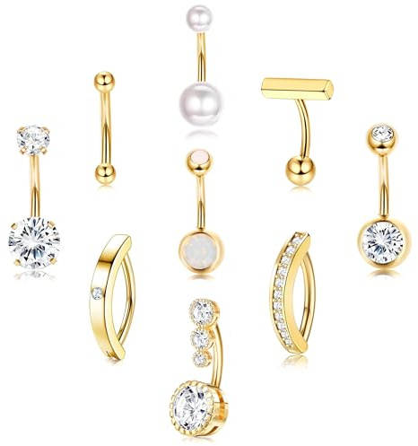 Morfetto Ombelic Piercing 9 st navelpiercing guld kirurgiskt stål 14G silver navelpiercing graviditet CZ pärla opal magpiercing 10/12 mm stavlängd, 12 mm, Rostfritt stål