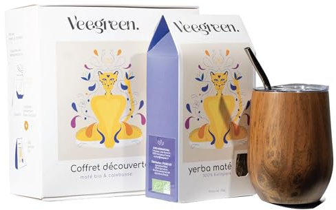 Kit Calebasse & Maté Bio | Tasse isotherme + Paille Bombilla traditionnelle + Couvercle type thermos | Gourde Idéale pour boire le Maté chaud | Double paroi en acier inoxydable (Coffret Dégustation)