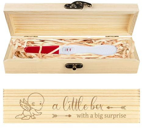 CHGCRAFT Coffret Souvenir de Test de Grossesse en Bois avec Ailes D'Ange et Ruban en Raphia pour Annonce de Grossesse Cadeau pour Papa et Mari 8x2x1.2 pouce