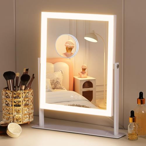 FENCHILIN Espejo de maquillaje con iluminación Hollywood - 3 colores - Luz de intensidad variable - Con iluminación - Control táctil inteligente - Ampliación 10x - Rotación a 360° - Blanco